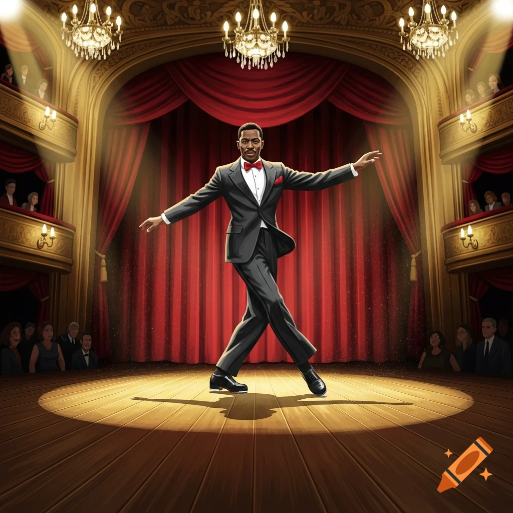 A man in a suit and red bow tie tap dances on a spotlighted stage with red curtains, chandeliers, and an audience.