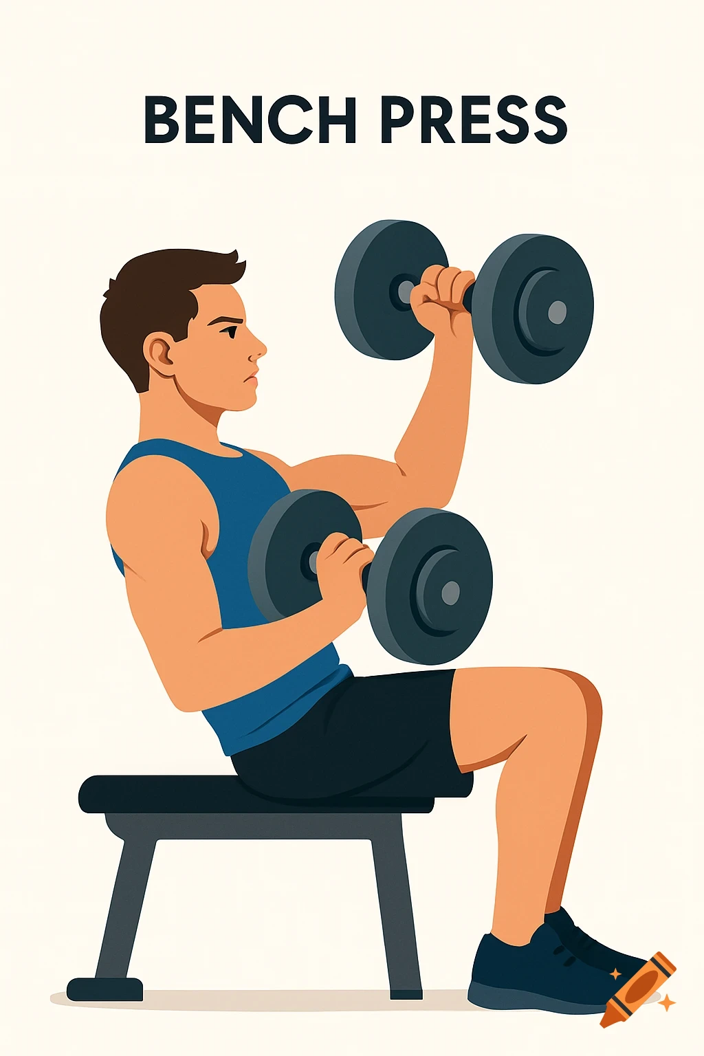 Flat vector illustration of a man on a bench performing a dumbbell bench press, with "BENCH PRESS" text above.
