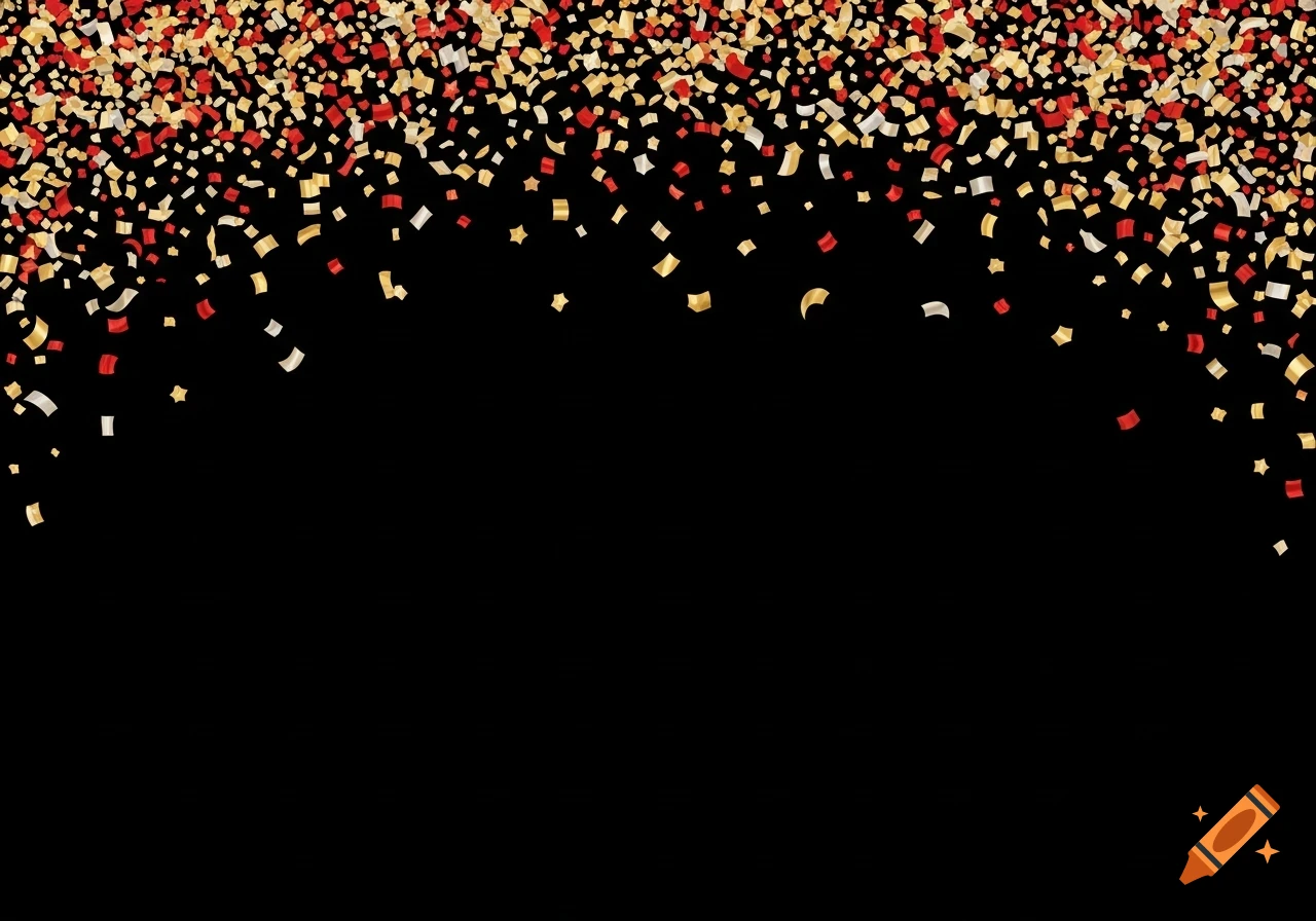A black background with a cascade of red, gold, and silver confetti falling from the top.