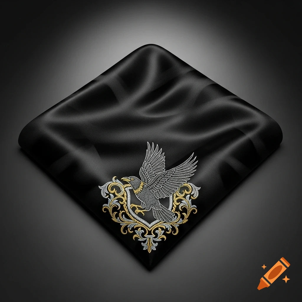 A black satin handkerchief features an intricate silver and gold embroidered family crest with a stylized crow.