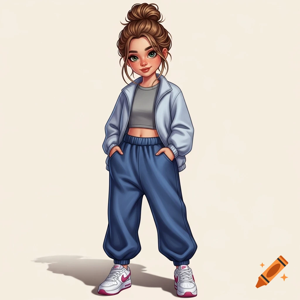 Cartoon illustration of a girl with a messy bun, wearing a light blue jacket, gray crop top, blue baggy pants, and white-pink sneakers.