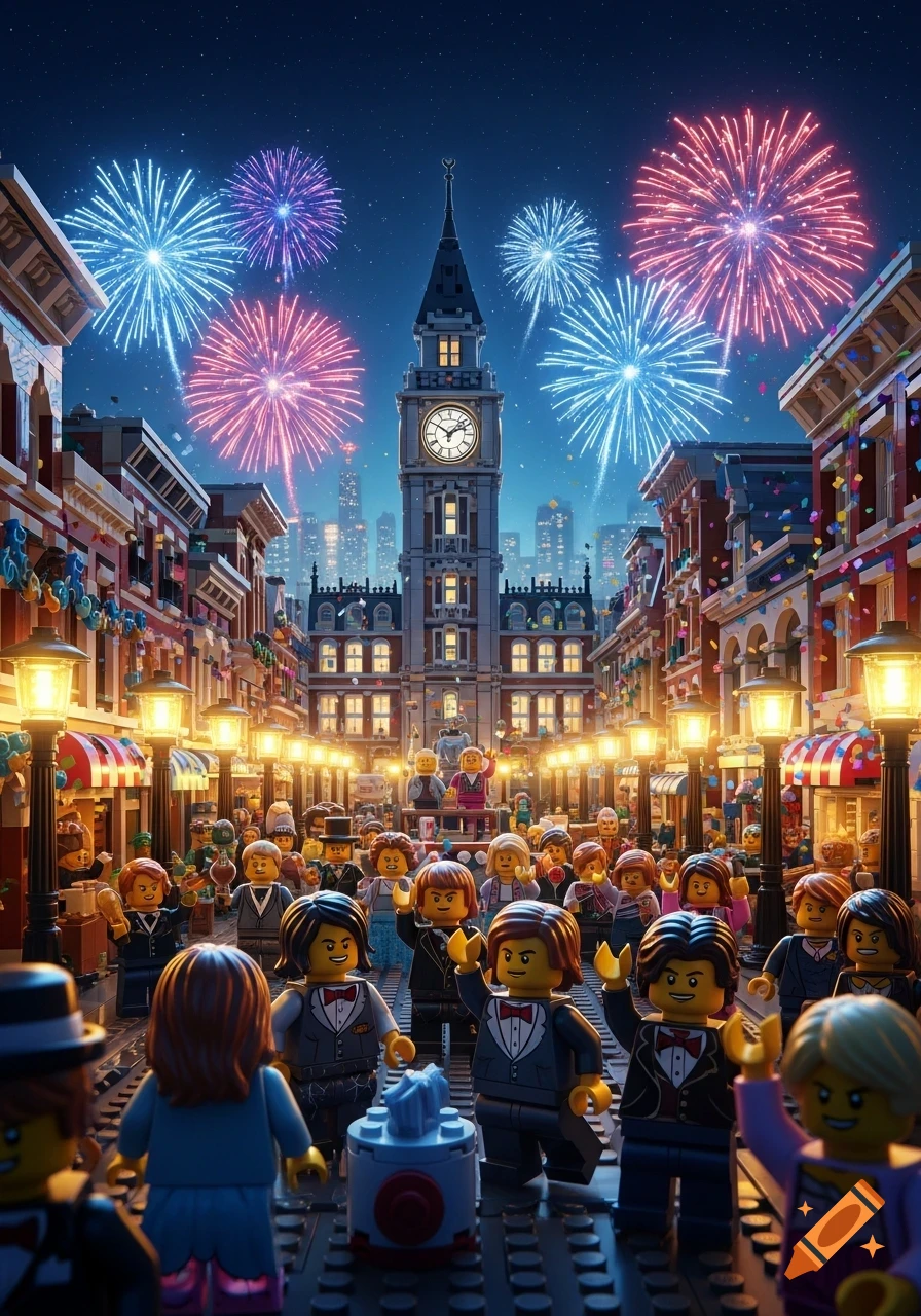 Lego minifigures celebrate a festive night in a city street, with colorful fireworks exploding above a prominent clock tower and illuminated buildings.