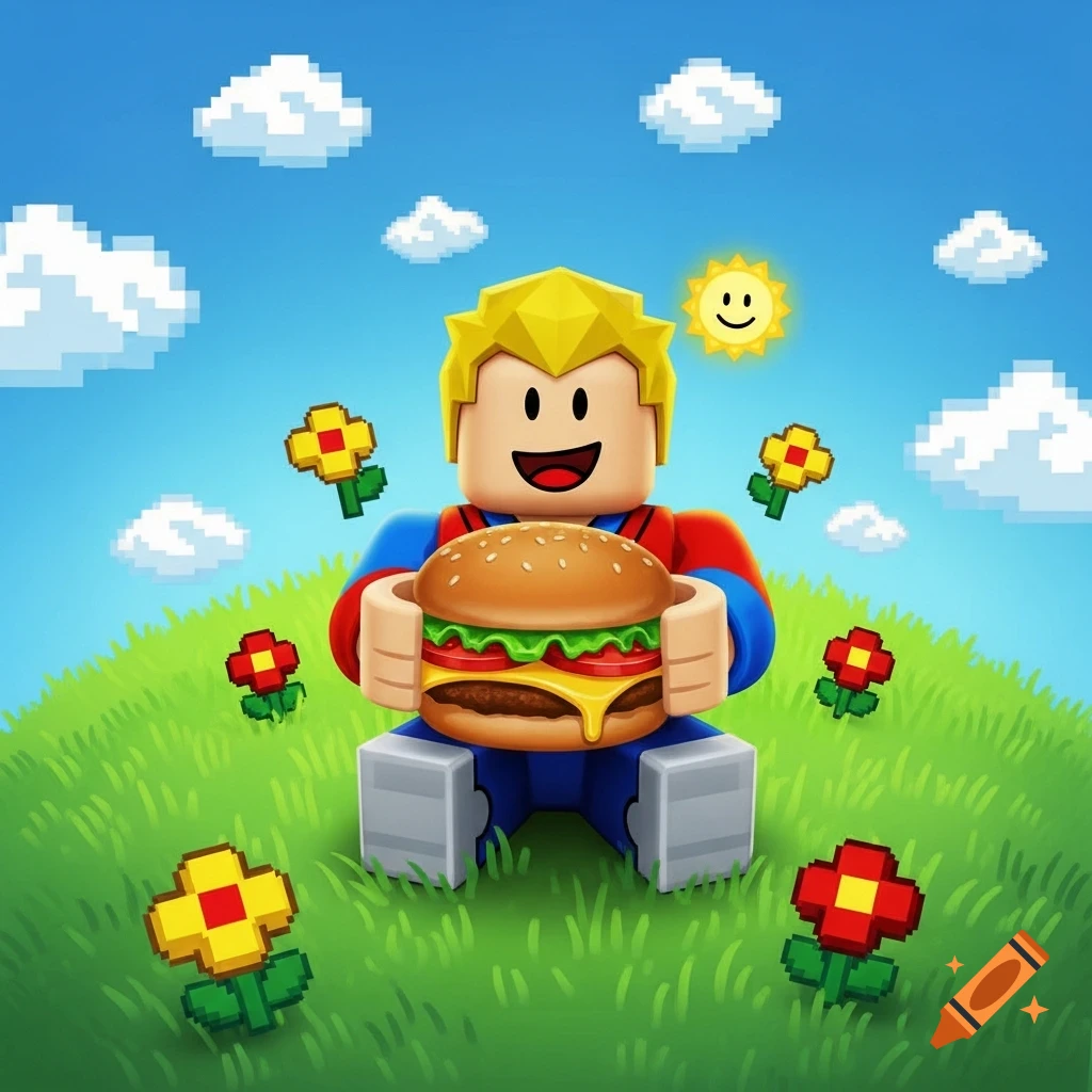 Cartoon Roblox character holding a hamburger in a green field with pixelated flowers and clouds, under a smiling sun.