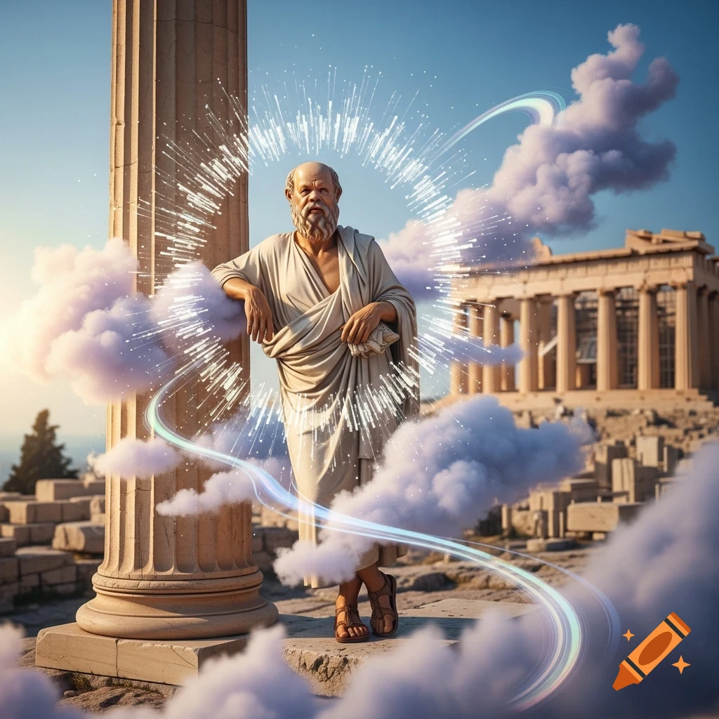 Photorealistic digital art of Socrates leaning on a column, surrounded by clouds and light streaks, with the Parthenon in the background.