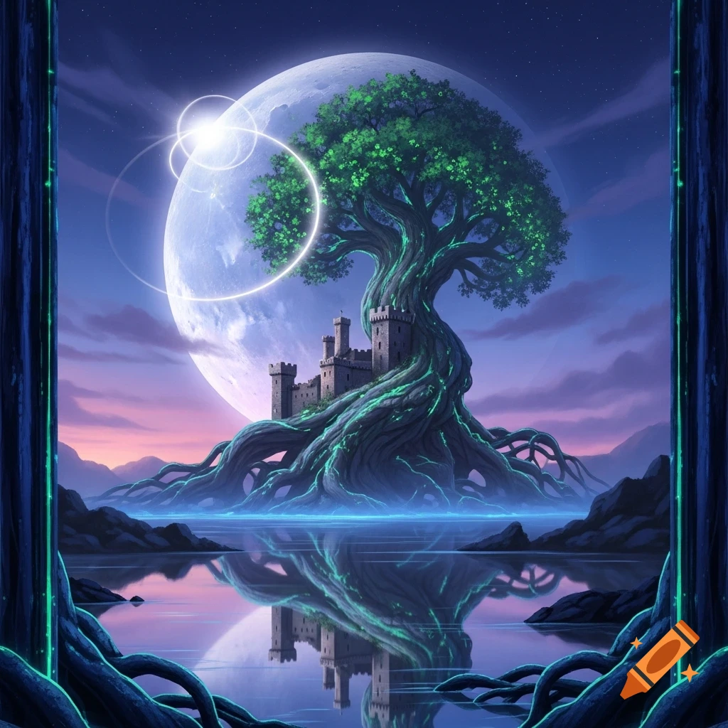 A fantasy castle built into a glowing, ancient tree with massive roots by a serene lake reflecting a giant moon in a twilight sky.