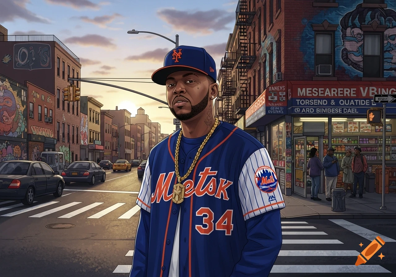 An illustrated man in a Mets baseball jersey and cap stands on a New York City street with buildings and cars under a sunset sky.