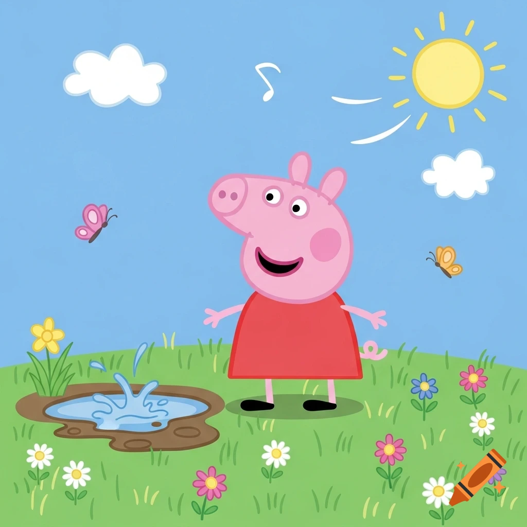 Peppa Pig smiles in a sunny, grassy field with butterflies, colorful flowers, and a splashing puddle, in a vibrant cartoon style.