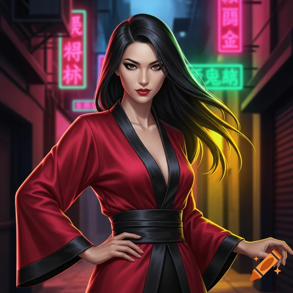 A striking woman in a red and black kimono-style dress stands in a neon-lit urban alley, digital art.