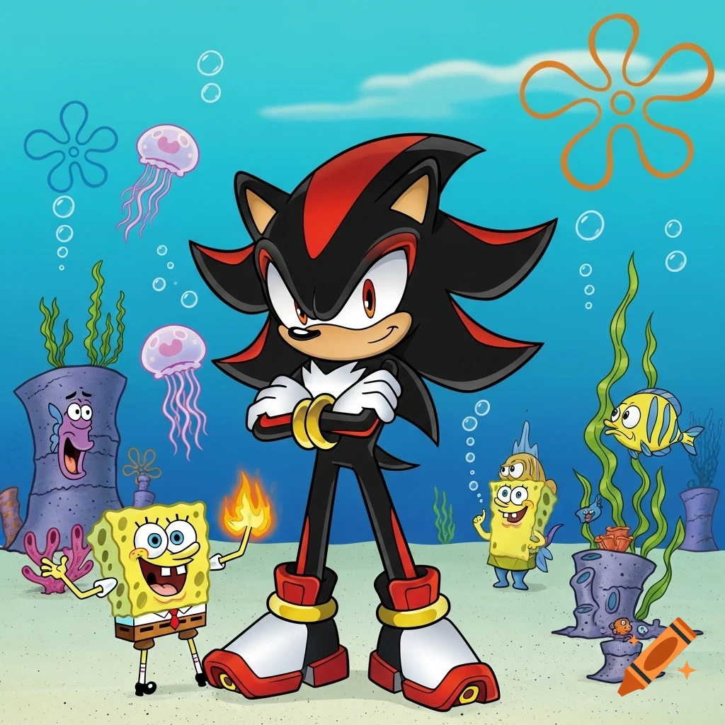 Shadow the Hedgehog standing with Spongebob and other characters in an underwater scene, cartoon style.
