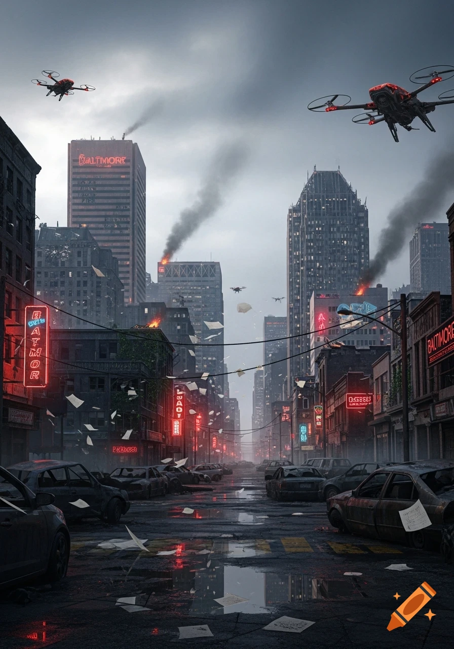 A dystopian cityscape with drones flying above burning buildings and abandoned cars on a wet street.