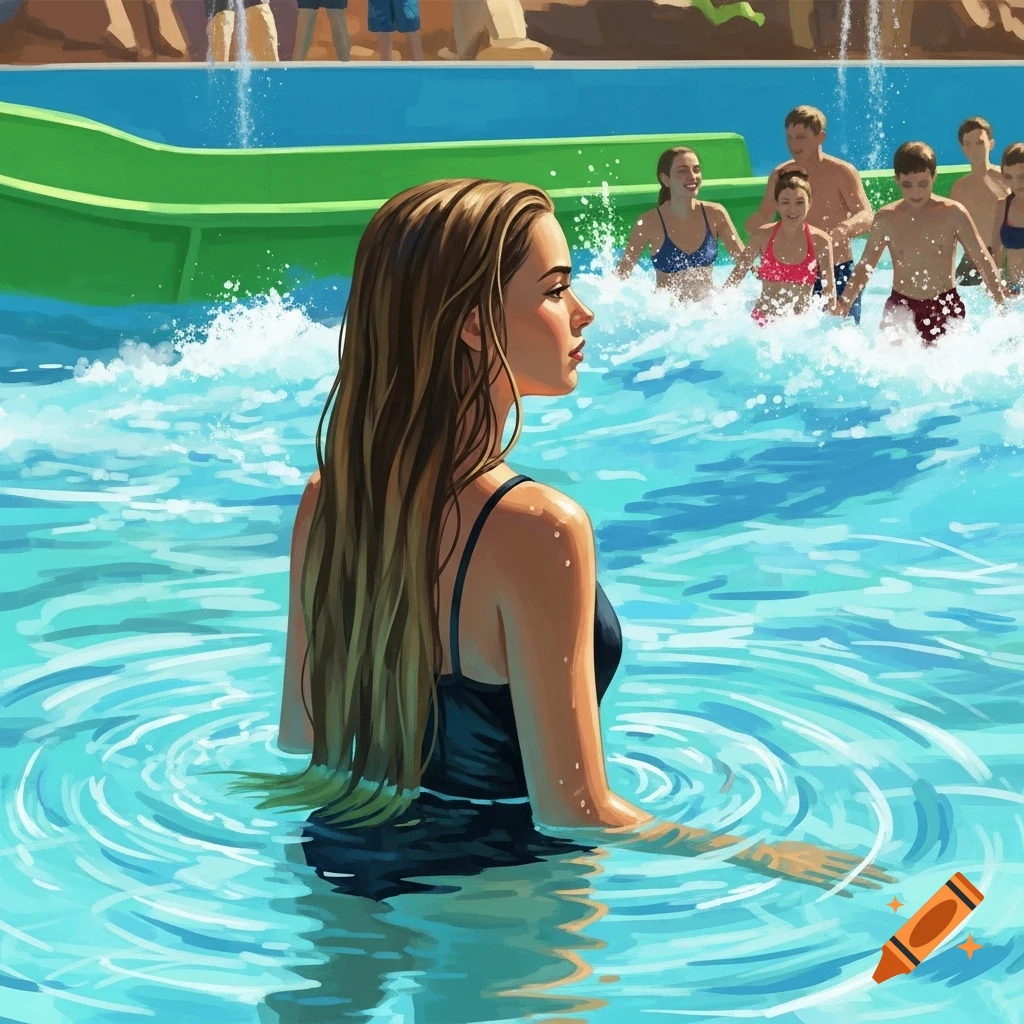 A young woman with long blonde hair in a blue swimsuit stands in a wave pool at a water park, looking to the side. Other swimmers and a green slide are in the background, in a painterly style.