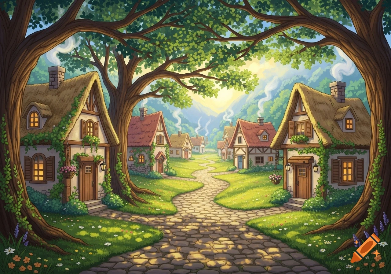 A whimsical fairytale village with thatched-roof houses, a winding stone path, and lush green trees forming an archway.