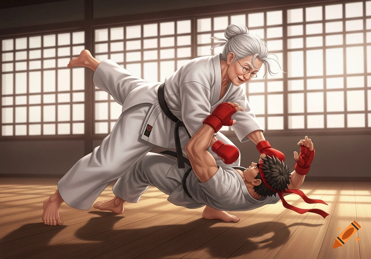 An elderly woman in a white karate gi throws a younger man, Ryu from Street Fighter, over her shoulder in a dojo setting. Illustrated style.