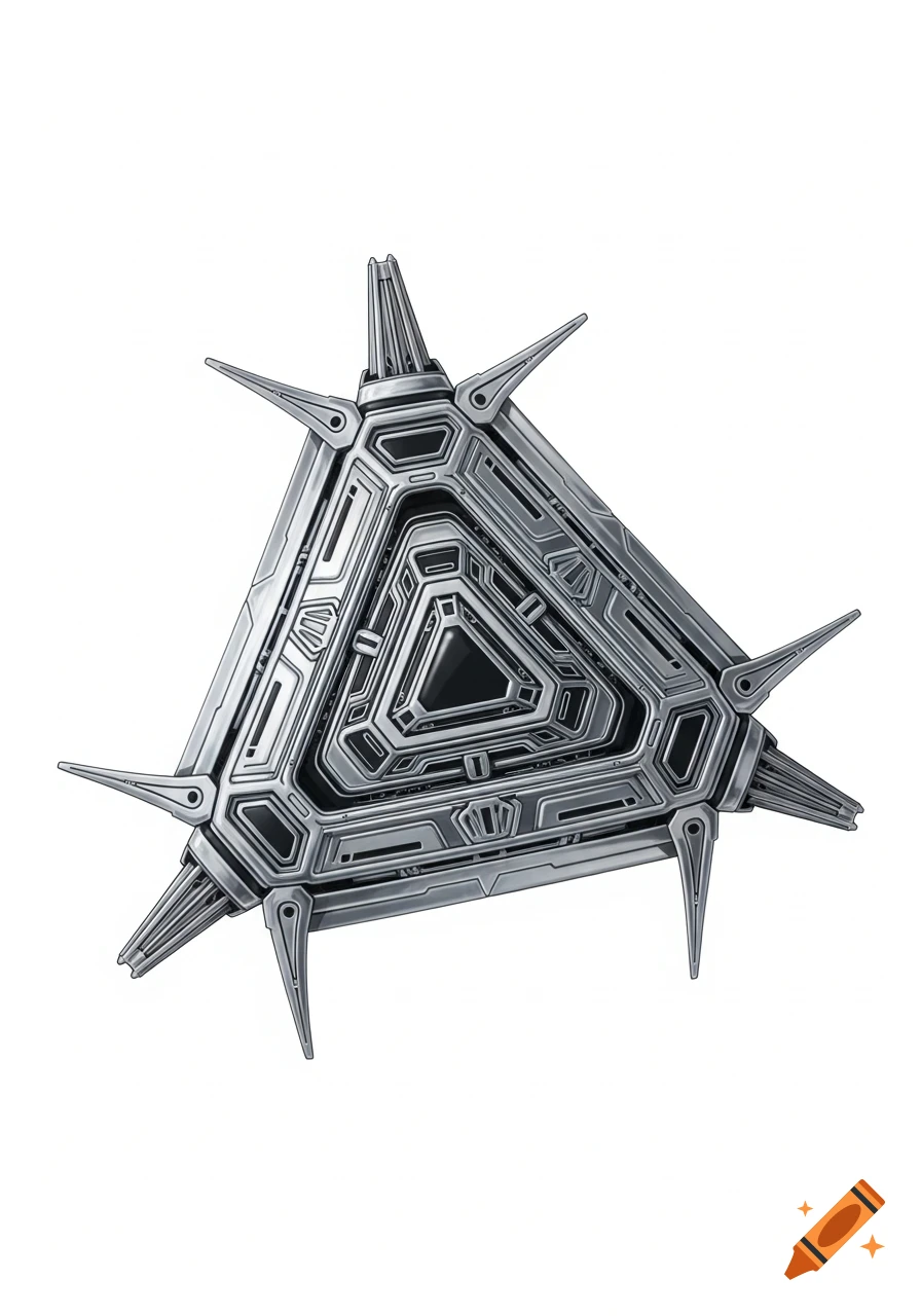 A detailed metallic triangular object with spiky protrusions, on a white background, resembling a sci-fi device.