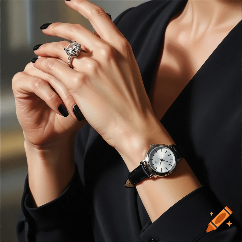 Close-up of a woman's hand with black nail polish, wearing a large diamond ring and a wristwatch with a black strap on her inner wrist.
