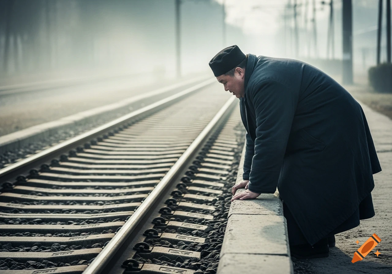 A stout man in a black hat and coat leans over the edge of a train platform, looking down at railway tracks on a foggy day.