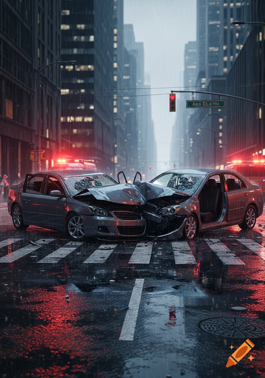 Two wrecked cars collide on a wet urban street in the rain with flashing red emergency lights, photorealistic style.