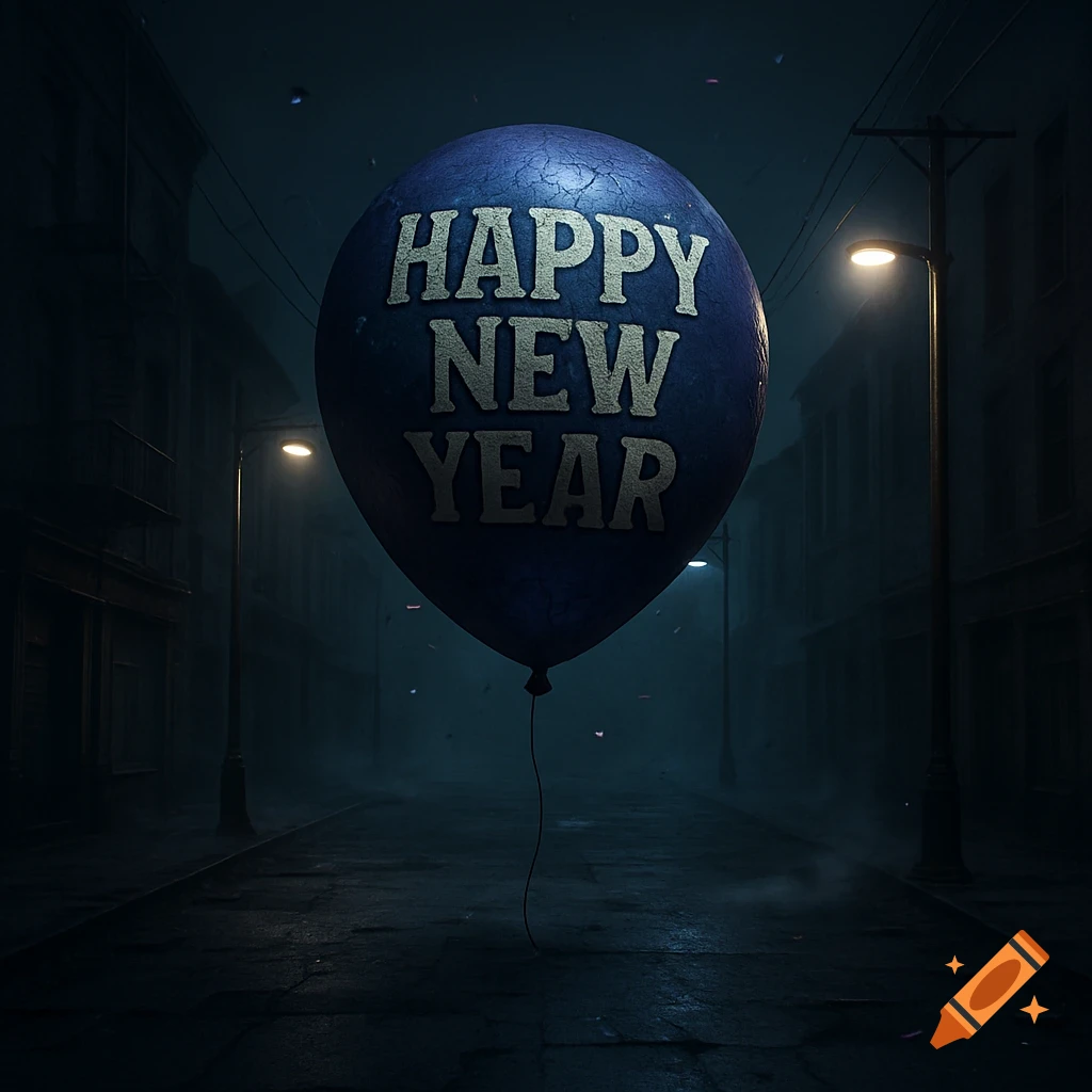 A large, dark blue balloon with 'HAPPY NEW YEAR' text floats in an eerie, fog-filled street at night, lit by two streetlights.