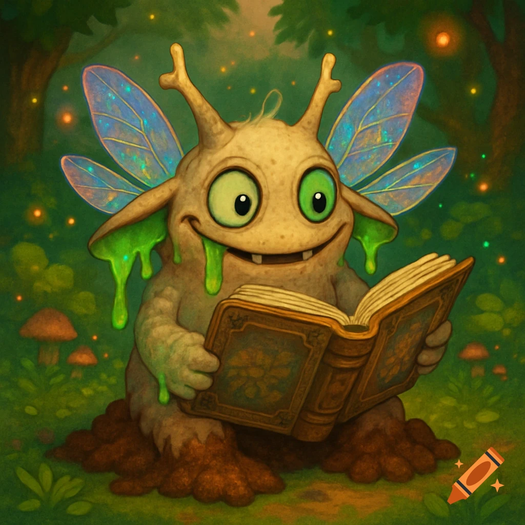 A cute, smiling, mossy green monster with large green eyes, antlers, glittery fairy wings, and green slime dripping from its head, sits in a forest reading a book.