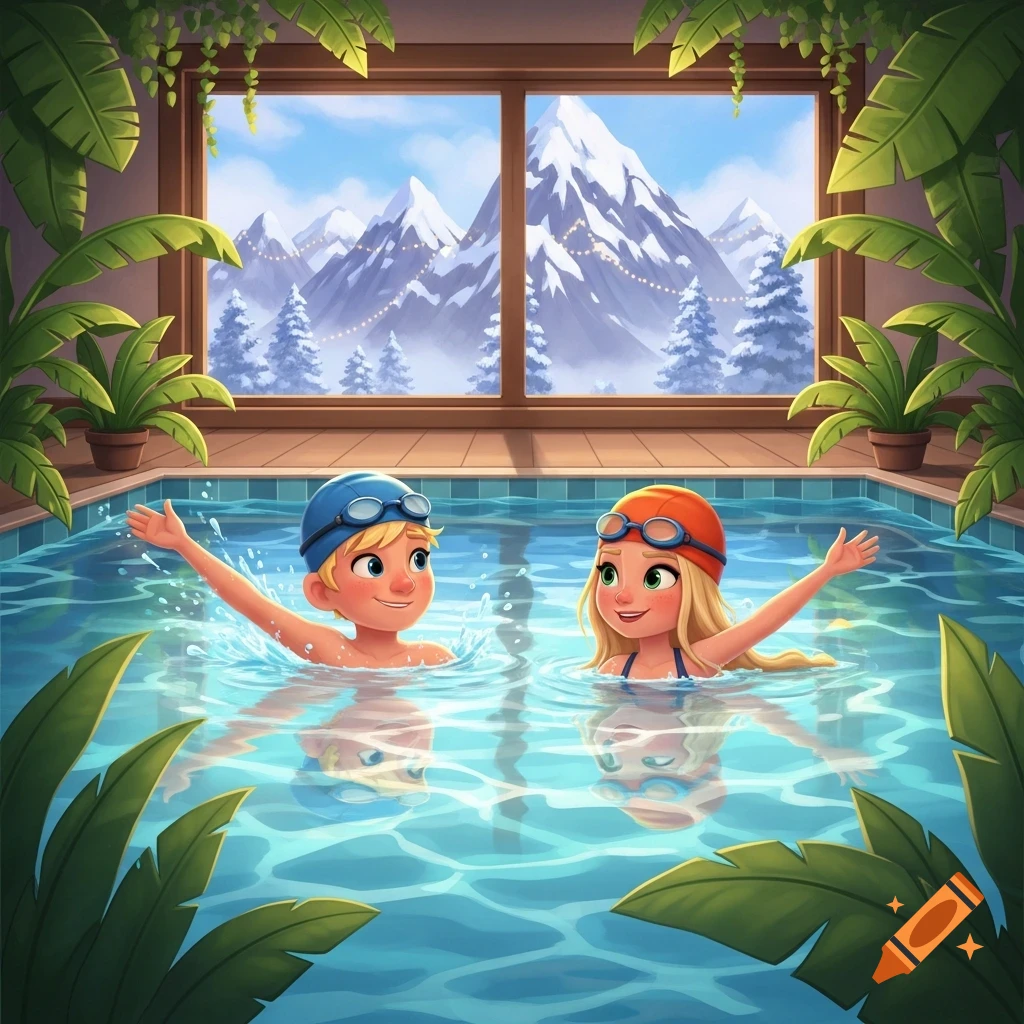 A cartoon blonde boy and girl with swim caps and goggles splash in an indoor pool with tropical plants, looking out at snowy mountains.