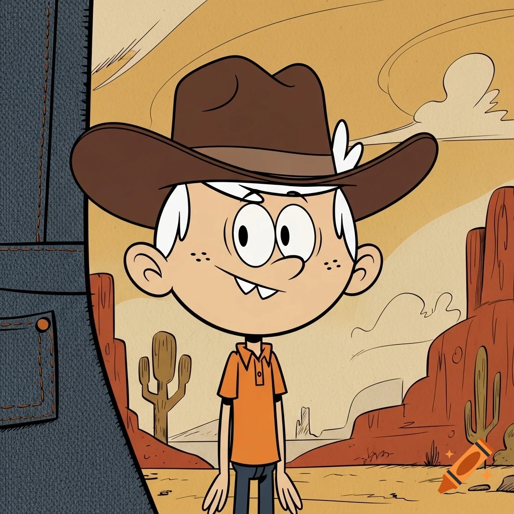 Lincoln Loud from The Loud House, wearing a brown cowboy hat, smiles in a desert landscape.