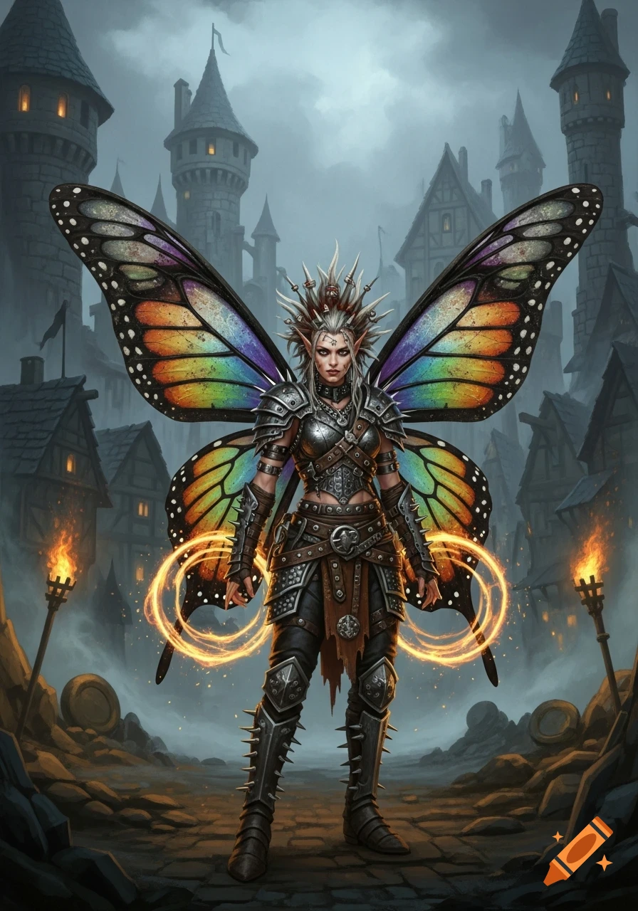 A punk fairy in dark armor with vibrant rainbow monarch butterfly wings stands in a medieval village under a cloudy sky.