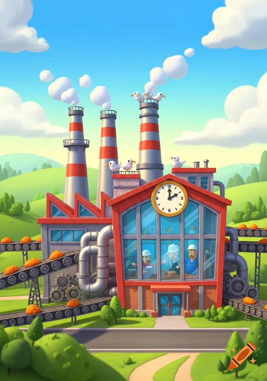 A vibrant cartoon image of a factory with tall smokestacks, conveyor belts, and workers visible through windows, surrounded by green hills under a blue sky.