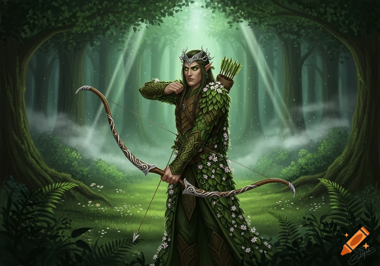 A male elf archer with green eyes and a leafy, armored outfit holds a bow and arrow in a sun-dappled forest.
