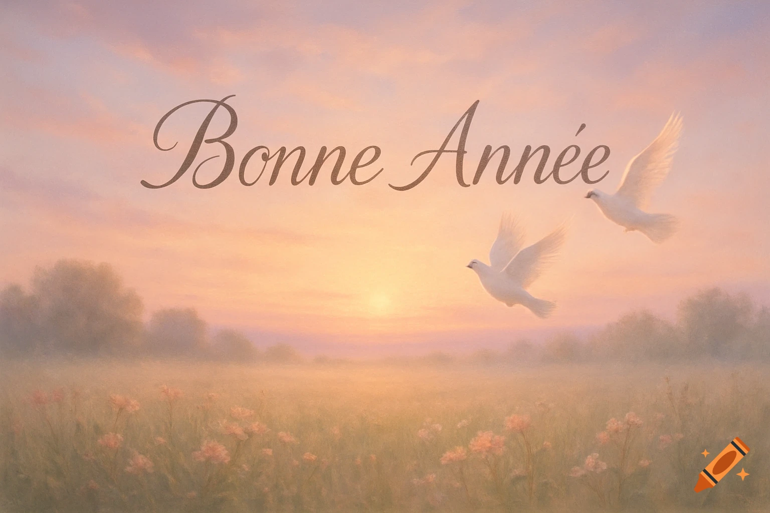 Serene pastel landscape with a sunrise, misty field of flowers, two white doves flying, and 'Bonne Année' text.