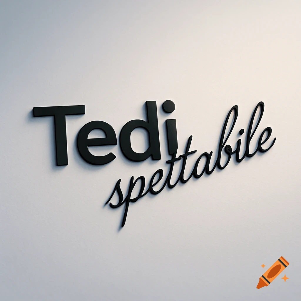 Black 3D text 'Tedi' in a sans-serif font and 'spettabile' in a script font, with shadows on a white background.