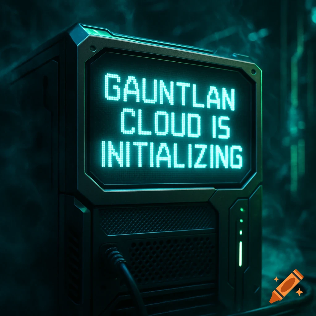 Close-up of a futuristic computer server with a glowing LED screen displaying 'GAUNTLAN CLOUD IS INITIALIZING' in a dark, smoky room.