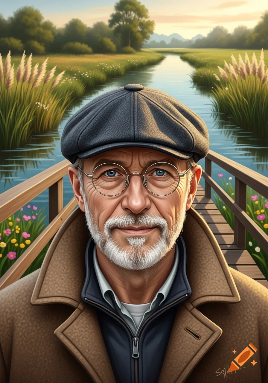 Stylized portrait of a smiling older man with a white beard, glasses, and a gray flat cap, on a wooden bridge over a river with reeds.