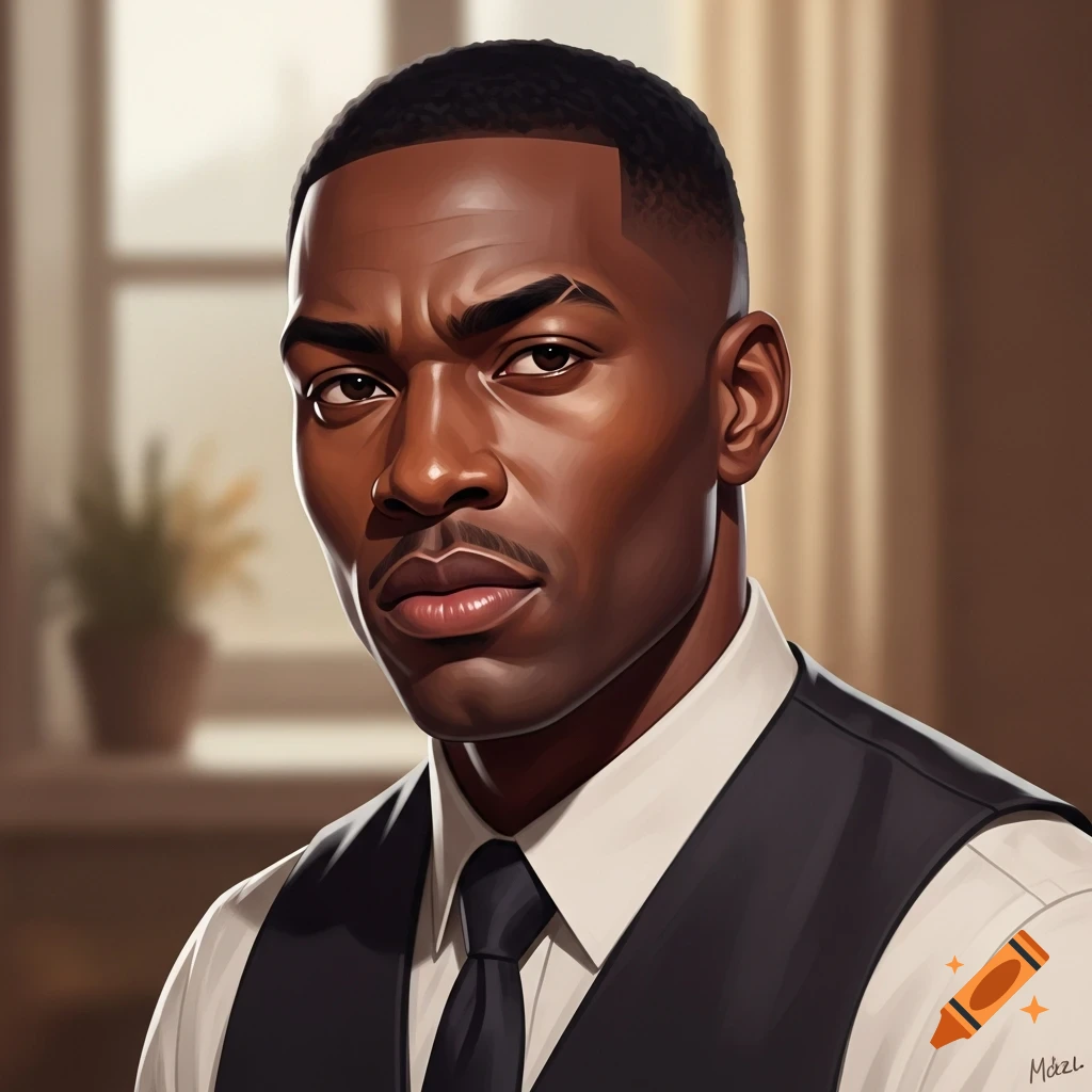 Digital art portrait of a serious-looking Black man in a white shirt and black vest and tie, looking directly forward.