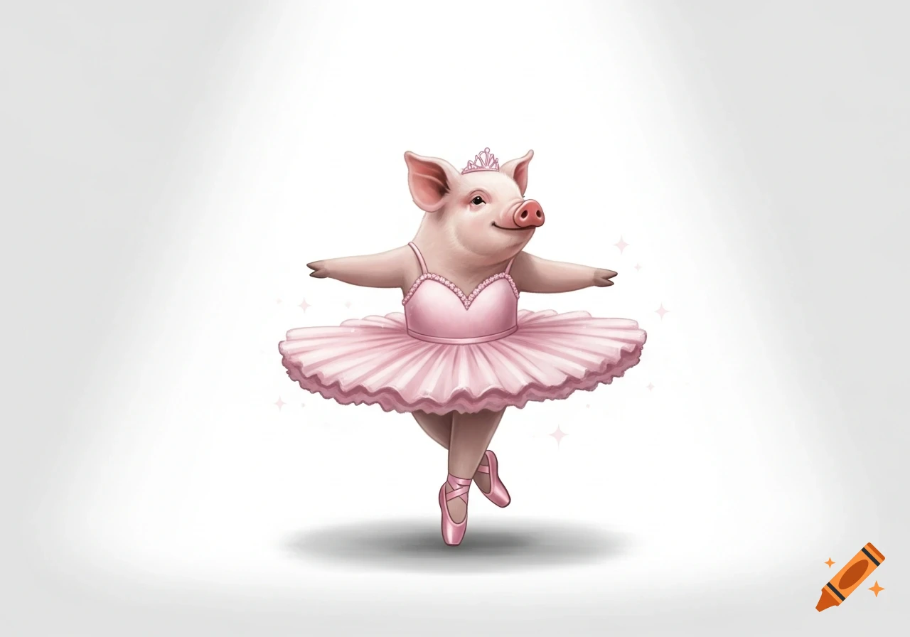 A cartoon pig wearing a pink ballet tutu, tiara, and pointe shoes, dancing with its arms outstretched.