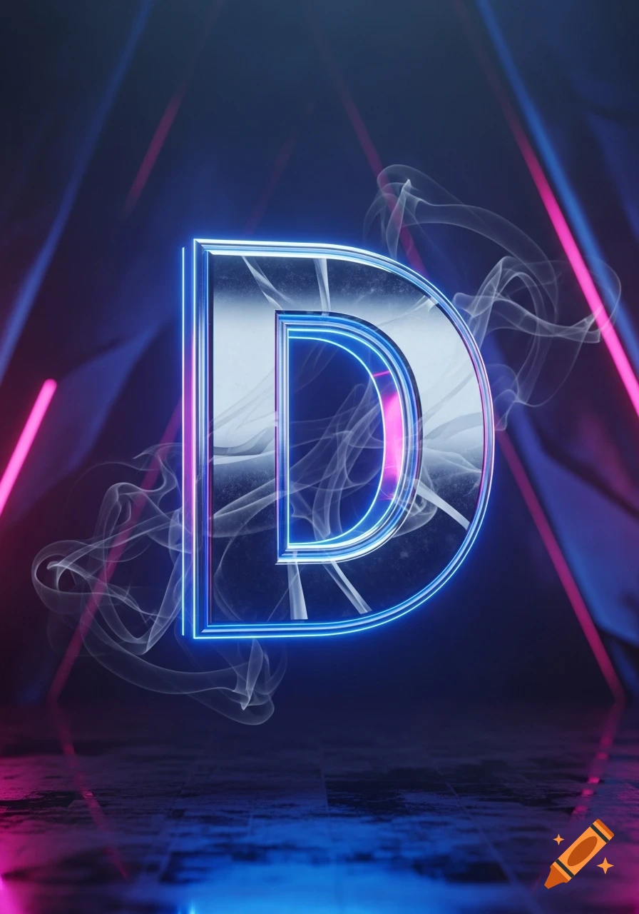 A stylized letter D glowing in neon blue and pink, surrounded by smoke on a dark futuristic background.