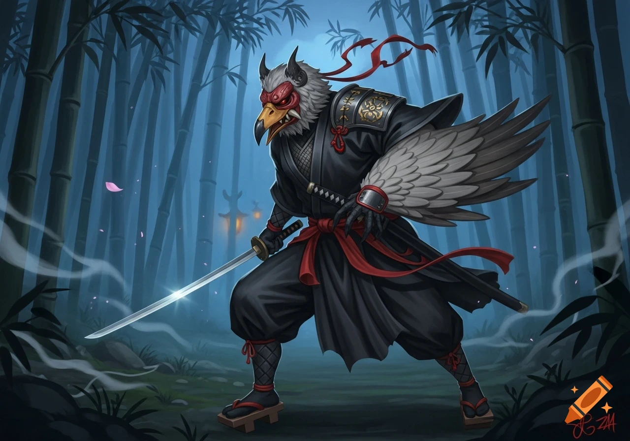 A detailed illustration of a fierce Tengu ninja, a mythical bird-like creature, in a dark bamboo forest, holding a glowing katana.