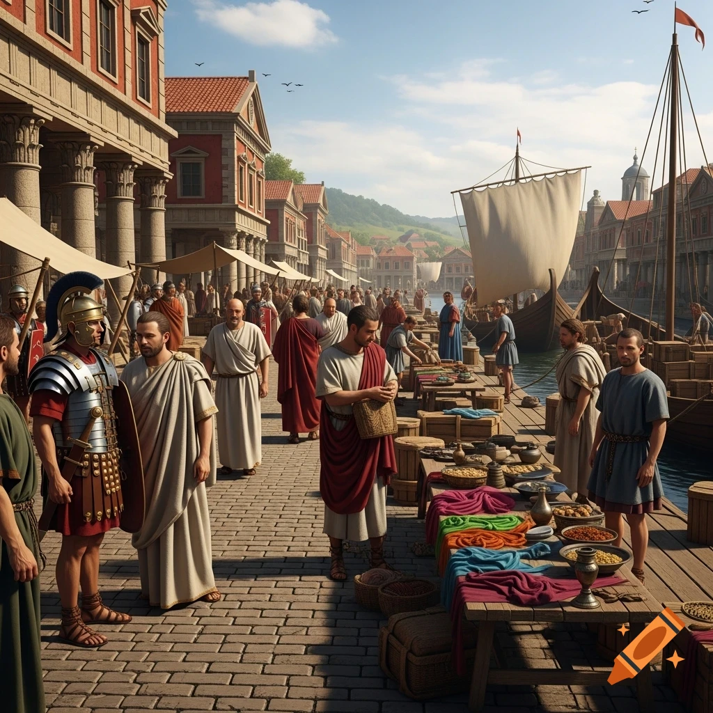A detailed, photorealistic depiction of a bustling ancient Roman port city market with merchants, soldiers, and ships along a quay.