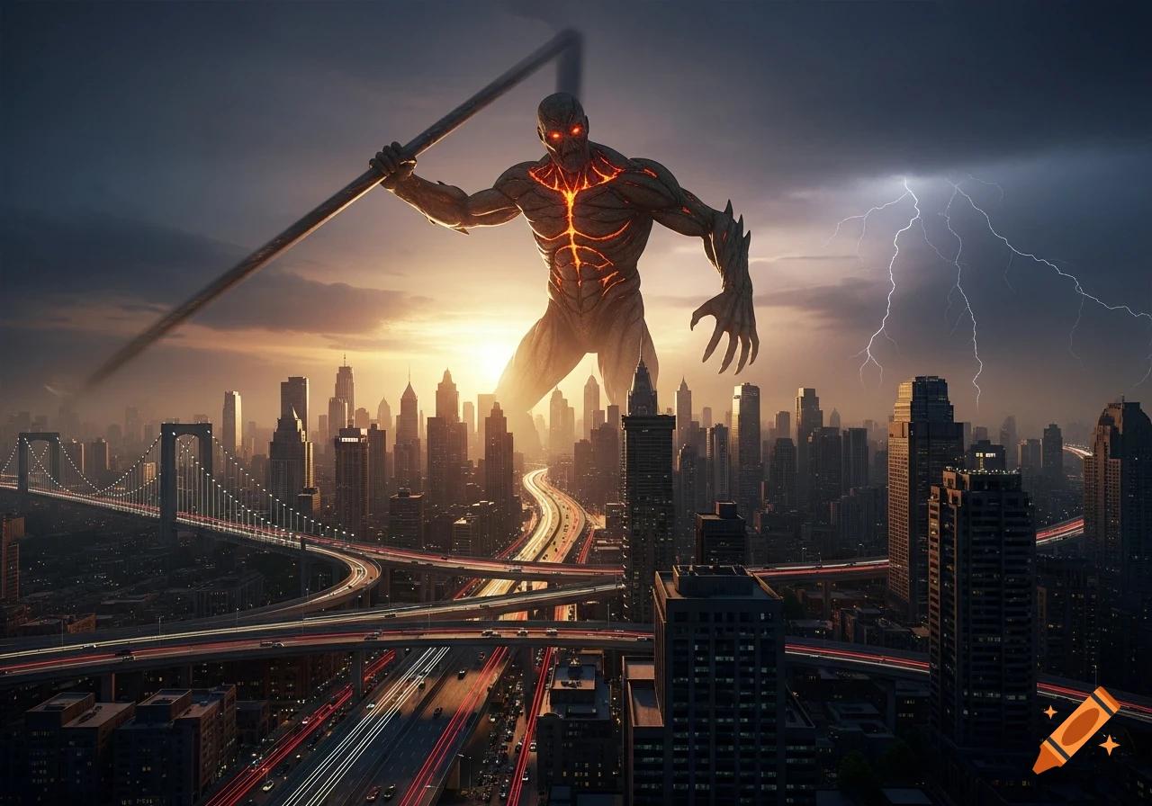 A gigantic, glowing monster holding a staff stands over a photorealistic city at sunset with lightning and illuminated highways.
