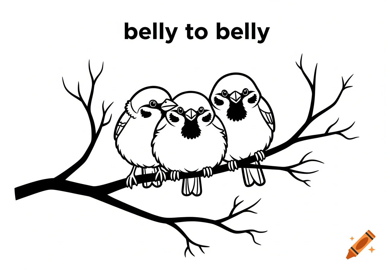 Black and white cartoon of three sparrows sitting on a bare tree branch, with the text "belly to belly" above them.