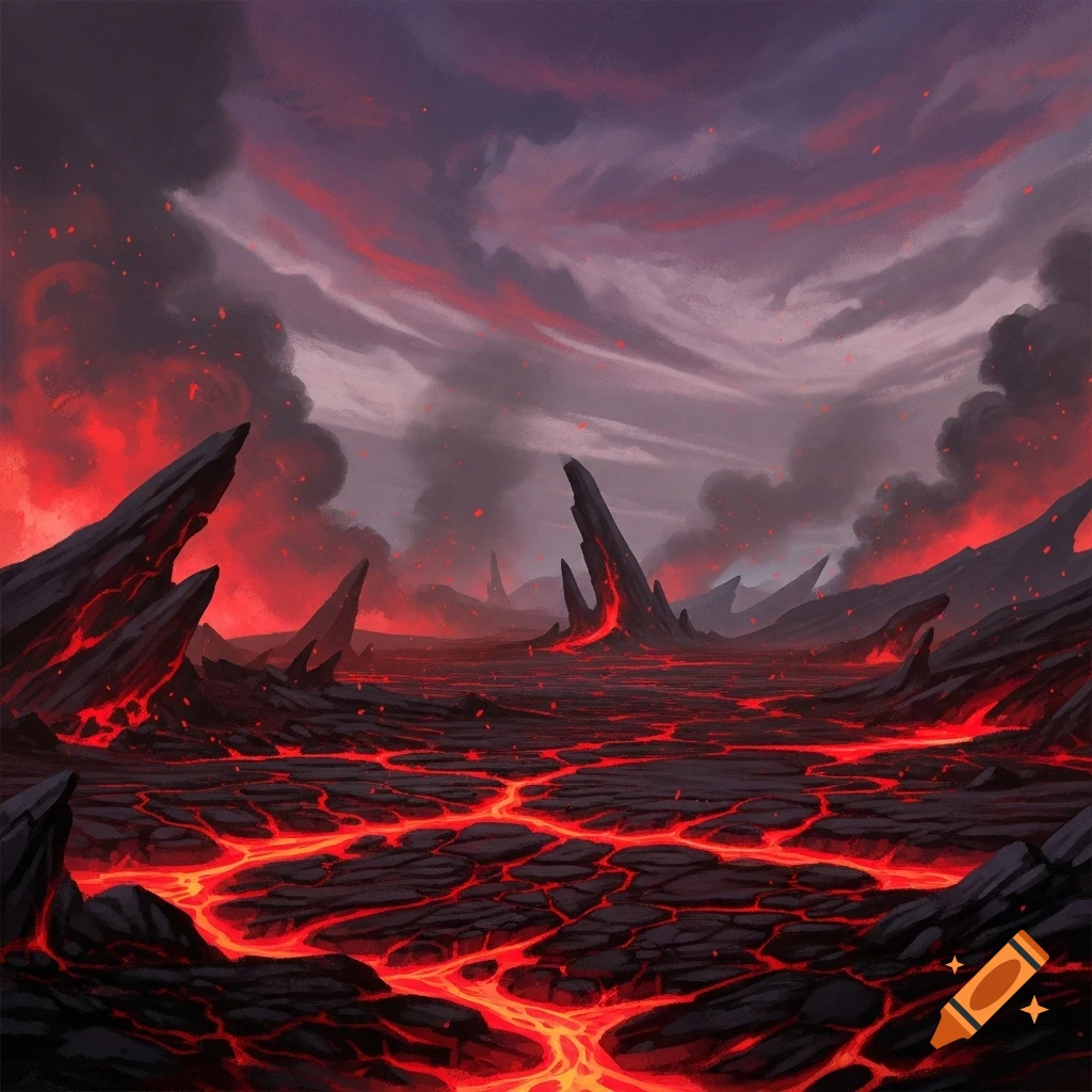 A dramatic fantasy landscape of a volcanic plain with glowing red lava rivers flowing through dark cracked rock under a smoky, stormy sky.