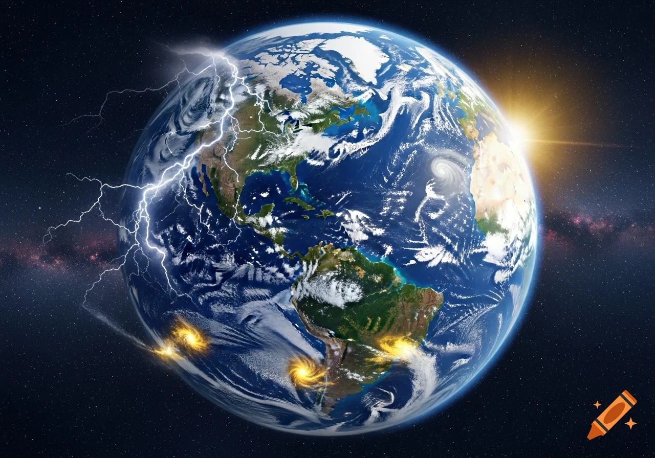 Photorealistic view of Earth from space with lightning over North America, hurricanes in the oceans, and a sun flare on the horizon.