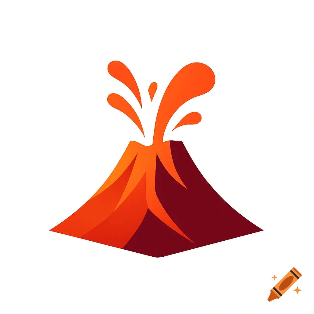 Stylized orange and red volcano logo with spewing lava on a white background.