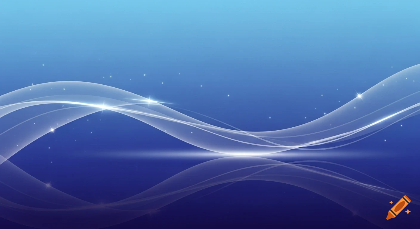 Abstract blue gradient background with glowing white wavy lines, reflections, and faint sparkles.