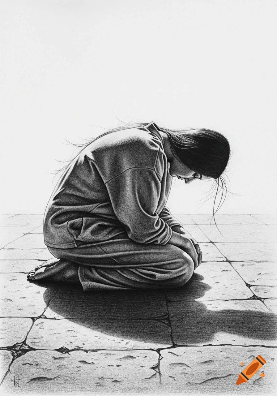 Black and white pencil sketch of a person kneeling on a stone floor with their head bowed.