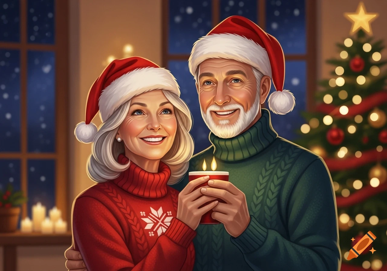 An older couple in Santa hats and Christmas sweaters smiles while holding a glowing candle, with a festive Christmas tree in the background.