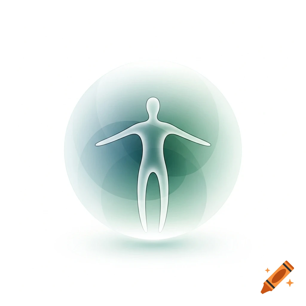 A white, gender-neutral pictogram of a person with arms outstretched inside a glowing, translucent green and blue sphere, symbolizing personal space.