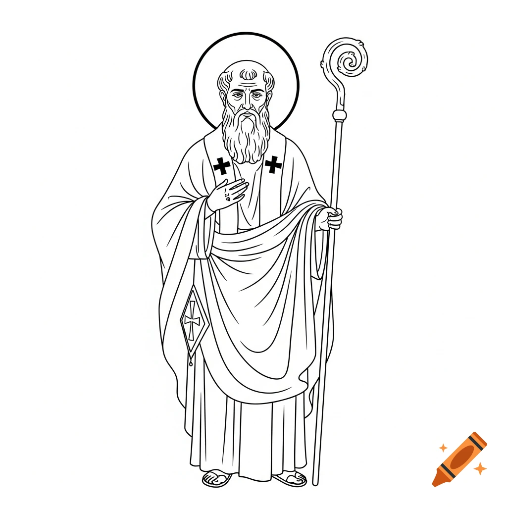 Black-and-white line drawing of a bearded Christian bishop with a halo, holding a staff.