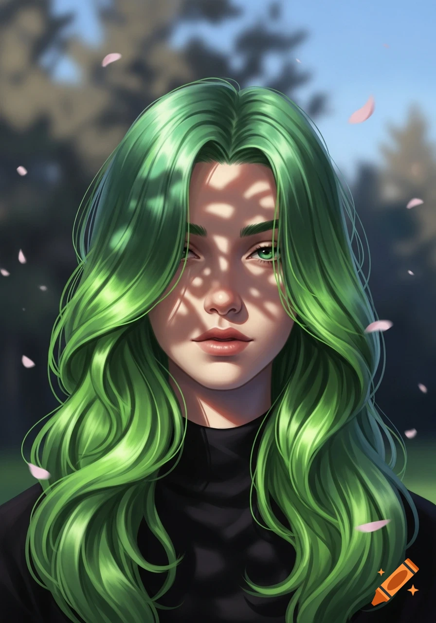 Digital art portrait of a woman with vibrant green hair and green eyes ...