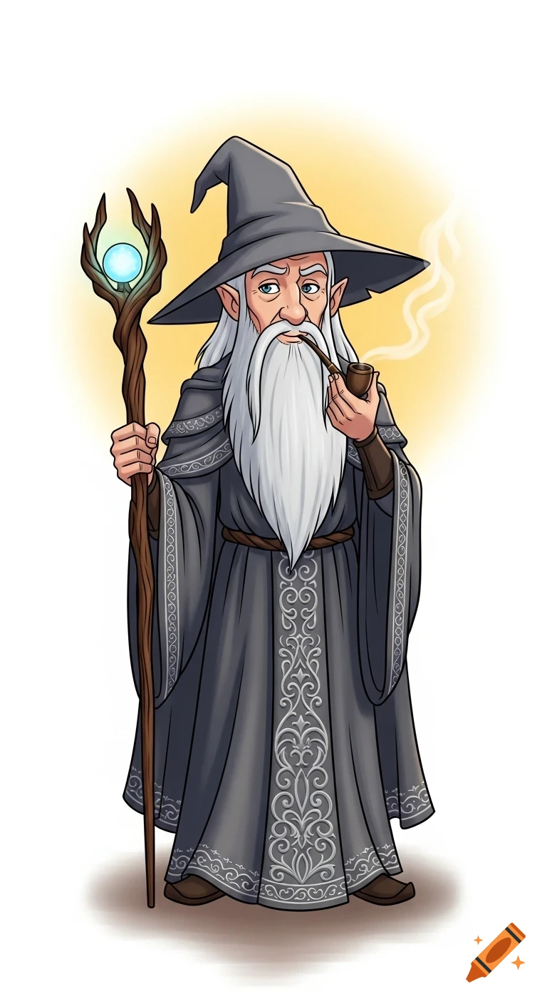 A tall, lean cartoon wizard with a white beard, grey hat, and dark robes holds a glowing staff and smokes a pipe, looking mischievous.