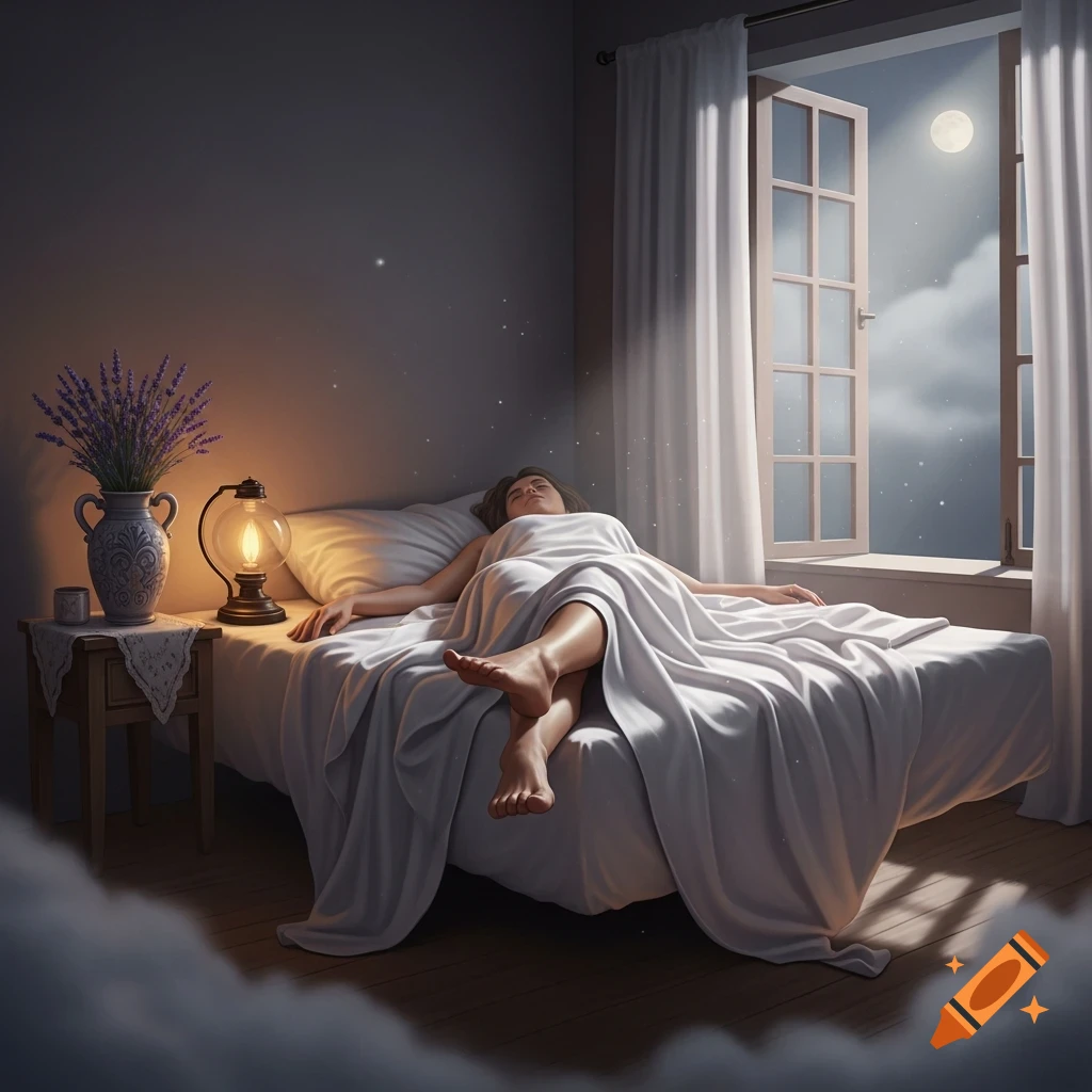 A woman sleeps peacefully in a bed in a dimly lit bedroom with an open window showing a full moon at night. A lantern and lavender are on a bedside table.